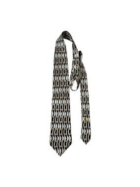 Richel Royal Vintage Italian Silk Necktie Black Silver Gold Floral Wave Pattern